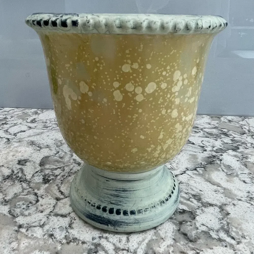 Urn shaped planter cream green speckled Greek decor home